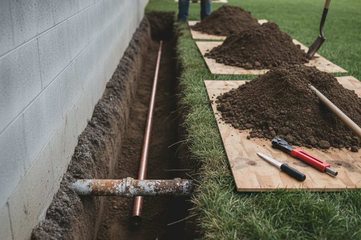 Excavated water line trench during Water Heater Repair in Union Star